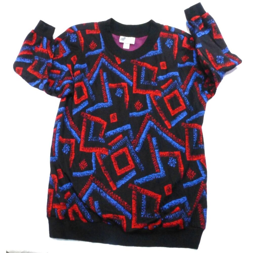 Vintage TopNotch Geometric Abstract Sweater 2X Black W/ Red & Blue Pattern USA M